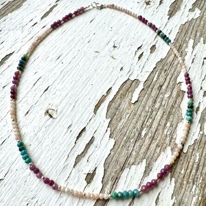 Dainty Semi Precious Ruby, Pink Opal, Chrysoprase Stone Beaded Necklace
